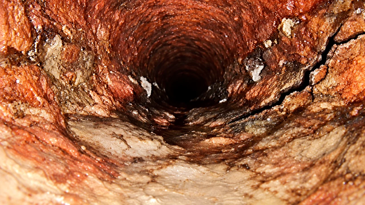 Looking down the inside of an old cast-iron drain pipe: heavy rust scale on the walls and a crack along one side