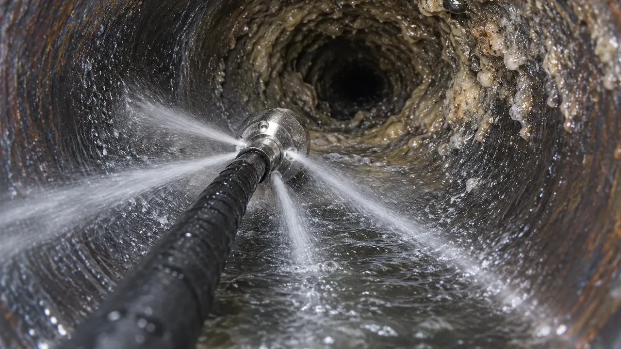 Inside a sewer pipe: a jetting nozzle on its high-pressure hose, the jets scouring grease from the pipe wall