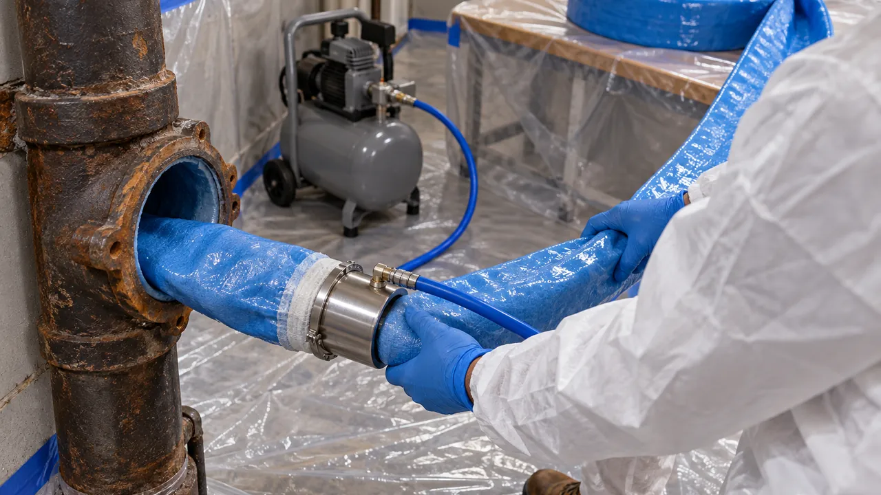 A resin-soaked liner fed into an old cast-iron pipe, the floor and walls covered in plastic sheeting